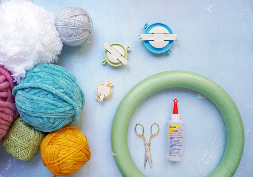 Supplies for DIY Colorful Yarn Wreath for Spring on Washington FAMILY magazine